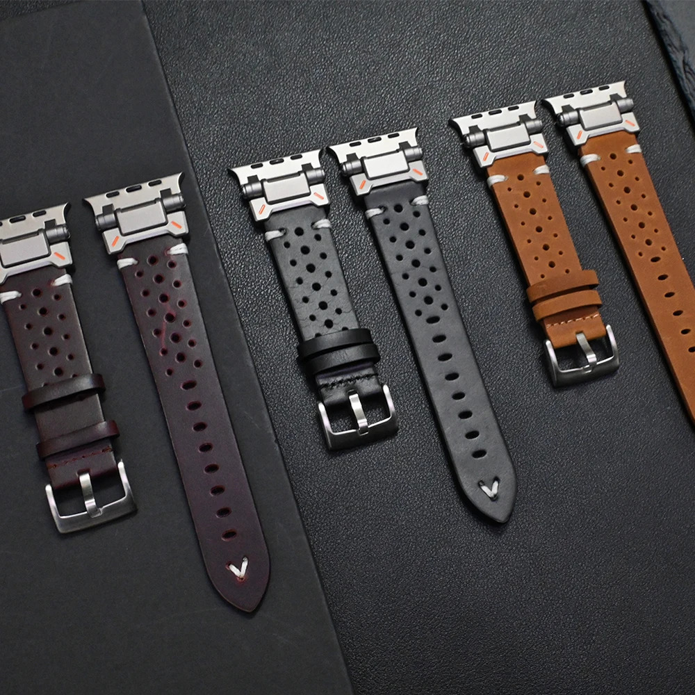 Titanium Color Connector Premium Genuine Leather Strap for Apple Watch 9 8 7 6 Ultra 49mm 45mm 44mm Stylish Leather Band