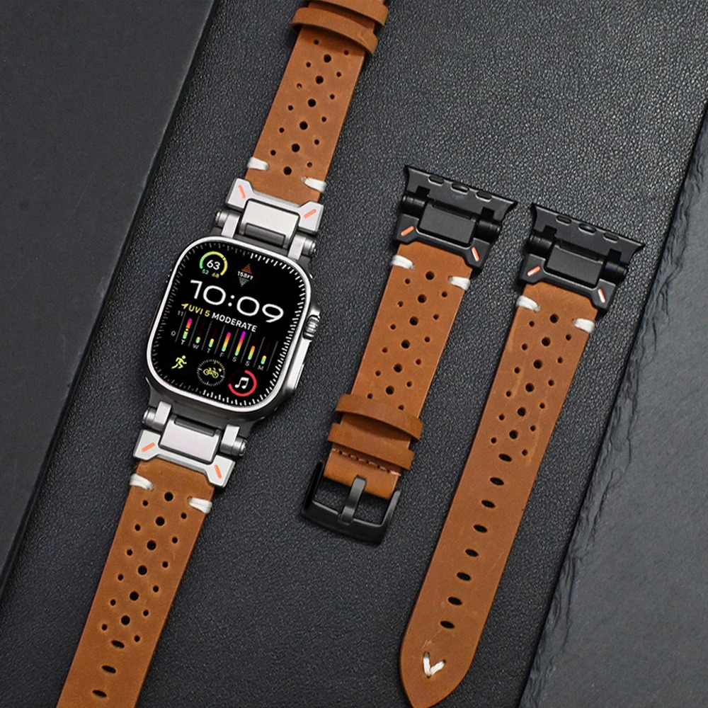 Titanium Color Connector Premium Genuine Leather Strap for Apple Watch 9 8 7 6 Ultra 49mm 45mm 44mm Stylish Leather Band