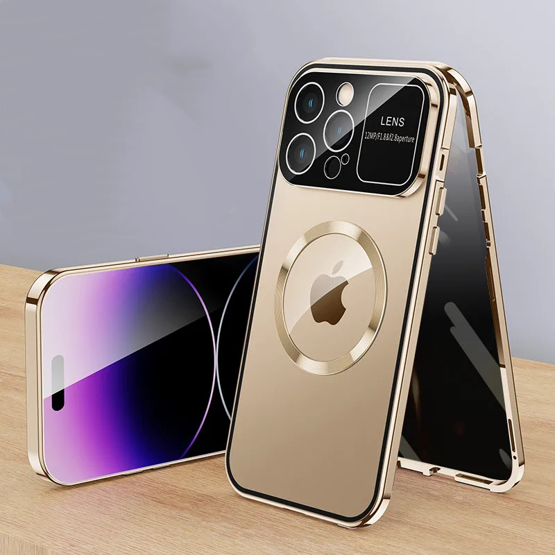 For iPhone 15 14 Plus 13 12 Pro Max Aluminum Alloy Frame Screen Tempered Glass 360 Degree Protection Magnetic Phone Case