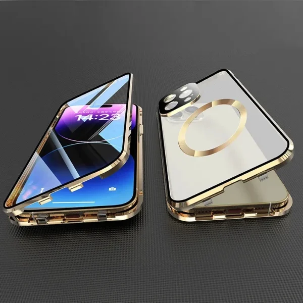 Magnetic Transparent Aluminum Alloy Frame Double-sided HD Glass Wireless Charging Phone Case for iPhone 15 14 13 Pro