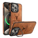 Luxury Deer Leather Camera Lens Holder Phone Case For iPhone 15 14 13 Pro Max Plus Stand Magnetic Back Funda Cover Coque Shell